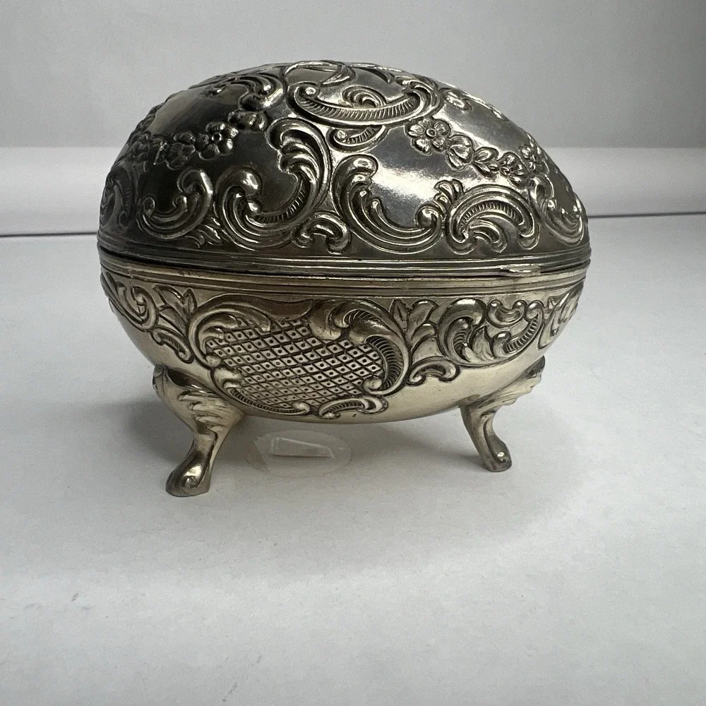 Vintage Jewelry Box Silver Egg Shaped Flowers Embossed Footed Trinket Box Velvet